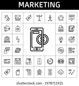 conjunto de iconos de marketing. estilo de icono de línea. iconos relacionados con el marketing como megáfono, compras en línea, correo, idea, best, red, gráfico de línea, presentación, lista de compras, cartera