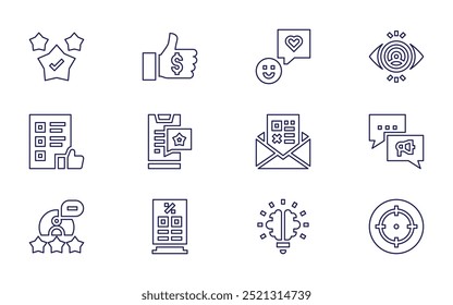 Conjunto de ícones de marketing. Estilo da linha. Difusão, surpresa, cliente feliz, visão, aprovado, revisão, e-mail, respostas.