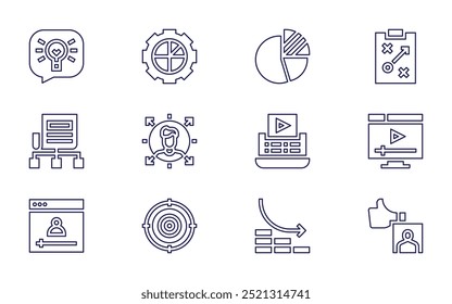 Marketing icon set. Line style. Editable stroke. video marketing, marketing, feedback, poster, strategy, losses, pie chart, analysis, graphic.