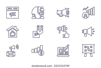 Conjunto de ícones de marketing. Estilo da linha. AVC editável. megafone, crescimento social, pr, marketing ético, viral, qualidade, quebra-cabeça, web design, estratégia, alvo, ímã.