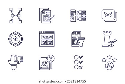 Conjunto de iconos de marketing. Estilo de línea. Trazo editable. contenido, curación de contenido, correo electrónico, megáfono, estrategia, satisfacción del Cliente.