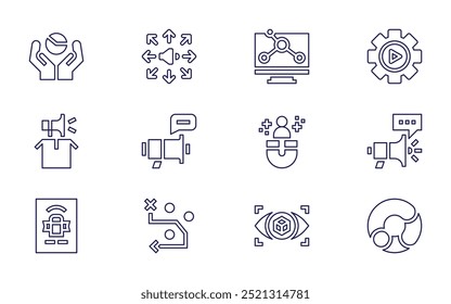 Marketing icon set. Line style. Editable stroke. viral marketing, marketing, advertising, smartphone, megaphone, target, problem solving, making friends.