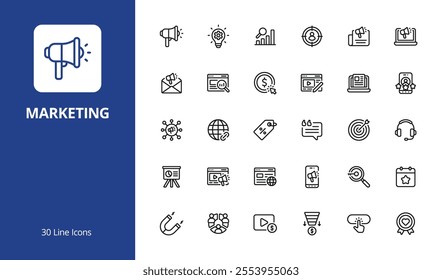 Marketing Icon Set with line style. Perfect for UI, infographics, or social media content related to marketing and advertising.