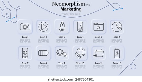Marketing icon set in neomorphism style. Camera, play button, money, mobile payment, web player, pie chart, smartphone, battery, gears, global call, shopping basket, battery charge, vector line art
