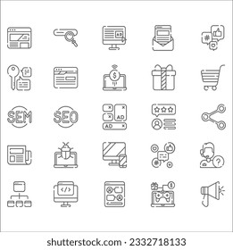 Juego de iconos de marketing, símbolo de signo de vector aislado de línea delgada de contorno. Conjunto de iconos de marketing digital. Contiene seo, contenido, sitio web, medios sociales, ventas y publicidad en línea. Colección de símbolos de vector sólido