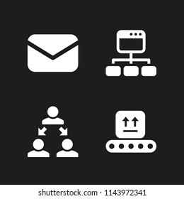 marketing icon set with package on rolling transport, hierarchical structure and mail vector icons for web and graphic design