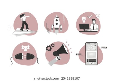Marketing icon set. SEO, analytics, advertising, business development. Promotion campaign. Start new project, startup. Collection of simple signs and icons. flat vector illustration