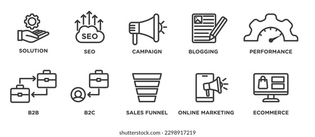 Conjunto de iconos de marketing. Solución, seo, campaña, blogueo, performance, b2b, b2c, embudo de ventas, marketing en línea y ecommerce, delineado colección de iconos vectoriales