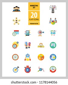 Marketing Icon Set. Targeting Users Split Test E-mail Marketing Brand Identity Marketing Analysis Social Media Marketing Processing SEO Target Hands With Smartphones Product Placement
