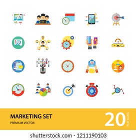 Marketing Icon Set. Targeting Users Split Test E-mail Marketing Brand Identity Marketing Analysis Social Media Marketing Processing SEO Target Hands With Smartphones Product Placement