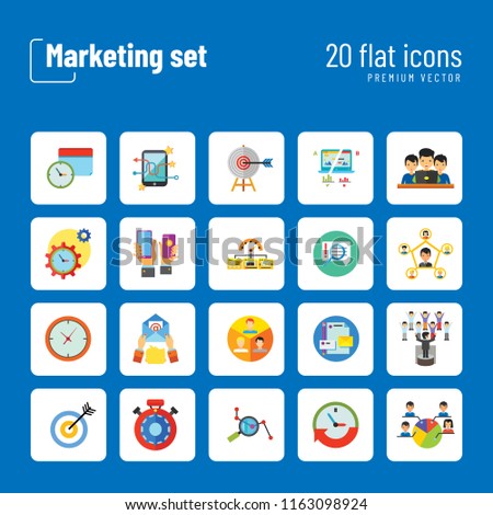 Marketing Icon Set. Targeting Users Split Test E-mail Marketing Brand Identity Marketing Analysis Social Media Marketing Processing SEO Target Hands With Smartphones Product Placement