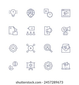 Marketing icon set. Thin line icon. Editable stroke. Containing magnet, corporateidentity, focus, share, group, marketing, viralmarketing, marketingautomation, marketresearch.