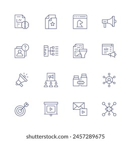 Marketing icon set. Thin line icon. Editable stroke. Containing target, customer, promote, contentcuration, content, upselling, presentation, marketing, emailmarketing.