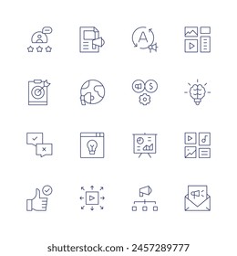 Marketing icon set. Thin line icon. Editable stroke. Containing chat, thumbsup, distribution, viralmarketing, presentation, emailmarketing, digitalcontent.