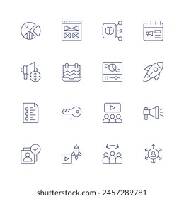 Marketing-Symbolsatz. Dünne Linie Symbol. Bearbeitbarer Strich. Enthält Megafon, Kunde, Infografik, Markteinführung, Schlagwort, Marketing, virales Marketing, Videomarketing.