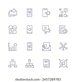 Marketing icon set. Thin line icon. Editable stroke. Containing pr, barchart, content, advertisement, emailmarketing, viralmarketing, connection.