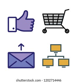 marketing icon set. vector set about mail, shopping cart, network and like icons set.