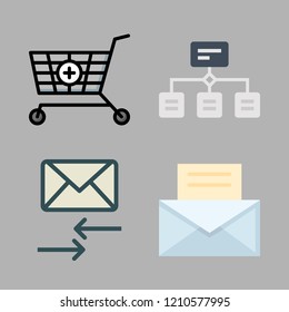 marketing icon set. vector set about shopping cart, email, mail and hierarchical structure icons set.