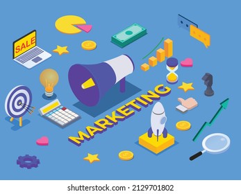 Marketing  icon set  vector concept. Marketing word with megaphone and business symbol