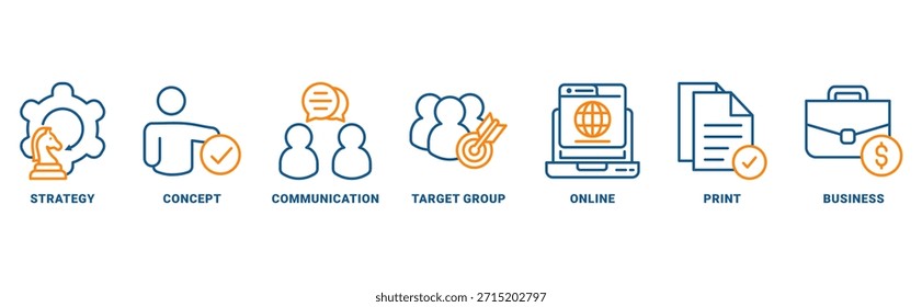 Ícone de marketing definir conceito vetorial com ícone de estratégia, conceito, comunicação, grupo-alvo, on-line, imprimir, negócio