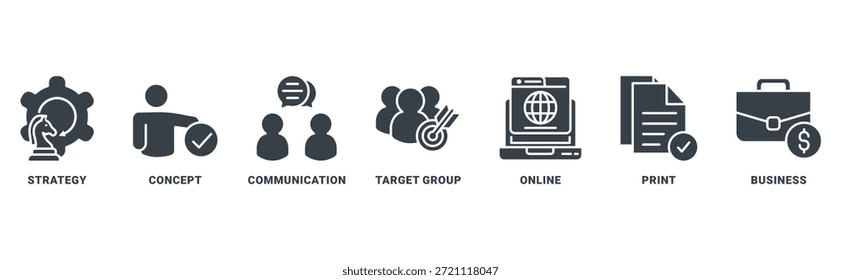 Ícone de marketing definir conceito vetorial com ícone de estratégia, conceito, comunicação, grupo-alvo, on-line, imprimir, negócio