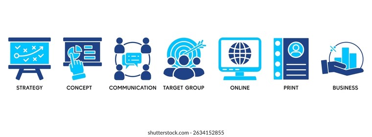 Marketing icon set vector illustration concept relate to strategy, concept, communication, target group, online, print and business