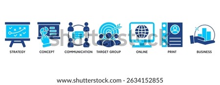 Marketing icon set vector illustration concept relate to strategy, concept, communication, target group, online, print and business