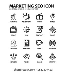 Marketing Icon Set Vector Line Style. Statistics, Strategy, Money, Idea etc. Perfect For Website And Apps