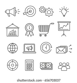 Marketing icon: thin monochrome icon set, black and white kit