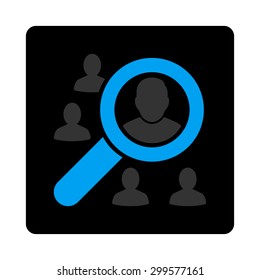 Marketing icon. Vector style is bicolor flat symbol, gray and light blue colors, black rounded square button, white background.