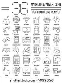 Marketing icons. Advertising and media signs. Marketplace, direct massage, coupon, billboard, statistics and other things. Line art vector illustration.