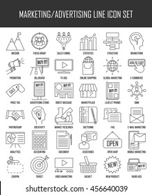 Marketing icons. Advertising and media signs. Marketplace, direct massage, coupon, billboard, statistics and other things. Line art vector illustration.