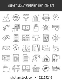 Marketing icons. Advertising and media signs. Marketplace, direct massage, coupon, billboard, statistics and other things. Line art vector illustration.