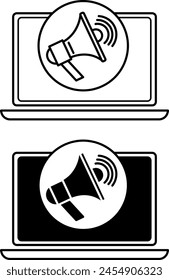 Marketing Icons. Black and White Vector Icons of Laptop and Loudspeaker. Blogging, Sales, Advertising. Digital Marketing. Business and Social Media Concept