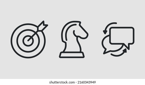 Marketing icons. Bullseye, knight chess or horse, speech bubbles icons isolated on grey background. Concept of target, strategy and communication for web design, app interface. Vector illustration. 