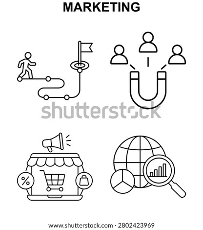 Marketing icons collection with journey map, lead magnet marketing, shop promotion and global analytics search outline vector