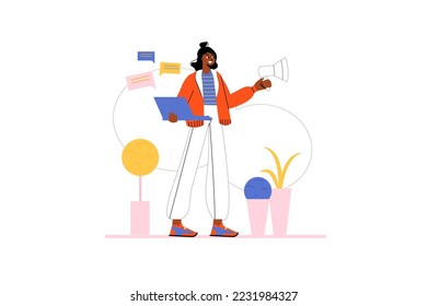 Marketing icons concept with people scene in the flat cartoon style. Marketer is engaged in creating advertisement and publications on the Internet. Vector illustration.