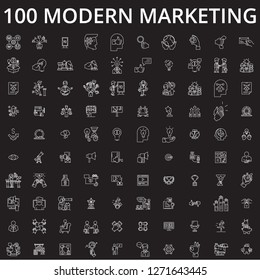Marketing icons editable line icons vector set on black background. Marketing icons white outline illustrations, signs, symbols