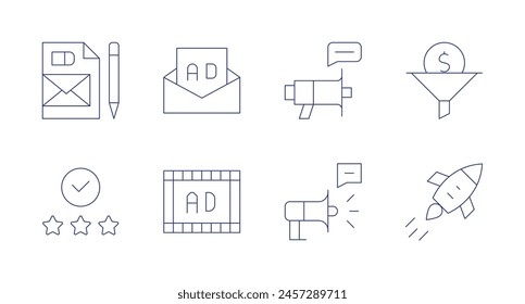 Marketing icons. Editable stroke. Containing rating, stationery, ad, marketing, contentmarketing, funnel, rocket.