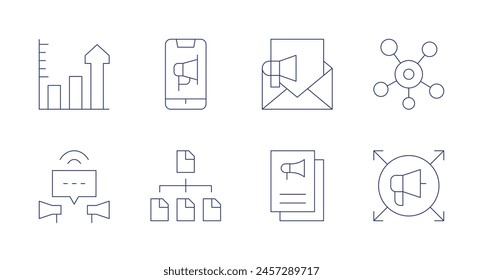Marketing-Symbole. Bearbeitbarer Strich. Enthält PR, Barchart, Inhalt, Werbung, E-Mail-Marketing, virales Marketing, Verbindung.