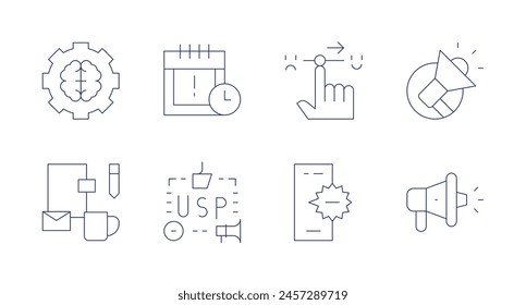 Marketing icons. Editable stroke. Containing gear, branding, usp, campaign, marketing, mobilemarketing, megaphone, offer.