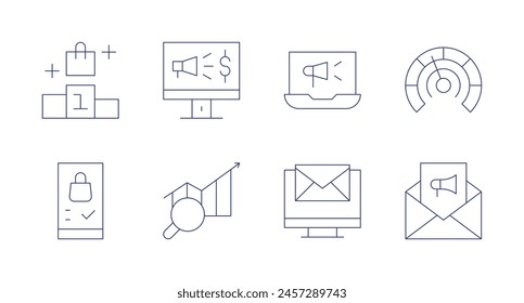 Marketing icons. Editable stroke. Containing digitalmerchandising, podium, trendy, marketing, digitalmarketing, emailmarketing, kpi.