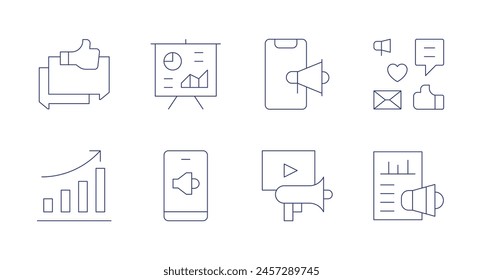 Marketing icons. Editable stroke. Containing discussion, marketing, mobilemarketing, presentation, content, growth, digitalcampaign.