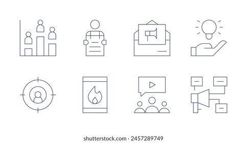 Marketing-Symbole. Bearbeitbarer Strich. Enthält Diagramm, Benutzer, trendy, Marketing, viralmarketing, E-Mail-Marketing, Lösung, Marketingplan.