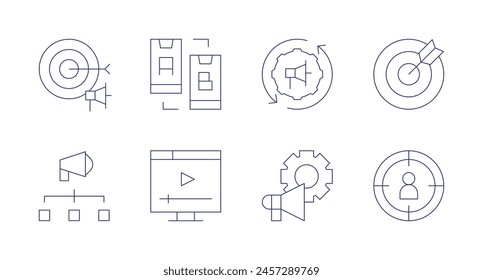 Iconos de marketing. Trazo editable. Conteniendo target, abtesting, videomarketing, marketing, automatización de marketing, marketing viral.
