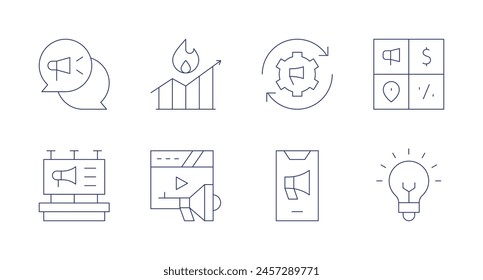 Iconos de marketing. Trazo editable. Conteniendo chat, cartelera, moda, marketing, marketing en línea, marketing automatización, idea, marketing mix.