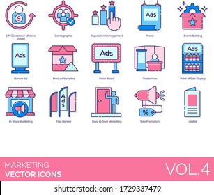 Marketing icons including customer lifetime value, demographic, reputation management, poster, brand building, ad, product sample, neon board, tradeshow, flag banner, door to door, promotion.