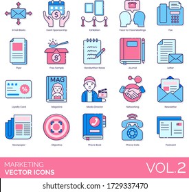 Marketing Icons Including Email Blast, Event Sponsorship, Exhibition, Face To Face Meeting, Fax, Flyer, Free Sample, Handwritten Notes, Journal, Letter, Loyalty Card, Magazine, Networking, Newsletter.