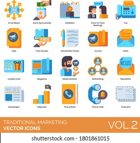 Marketing Icons Including Email Blast, Event Sponsorship, Exhibition, Meeting, Fax, Flyer, Free Sample, Journal, Loyalty Card, Magazine, Media Director, Newsletter, Newspaper, Phone Book, Postcard.