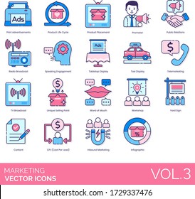 Marketing icons including print advertisement, product life cycle, placement, promoter, public relations, radio broadcast, tabletop, taxi display, telemarketing, TV, unique selling point, workshop.